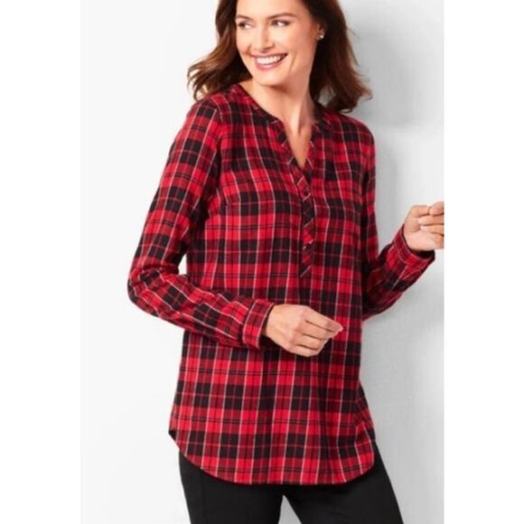Talbots Long Sleeve Popover Flannel Top Womens 3X Red Black Plaid Cotton - Picture 1 of 8